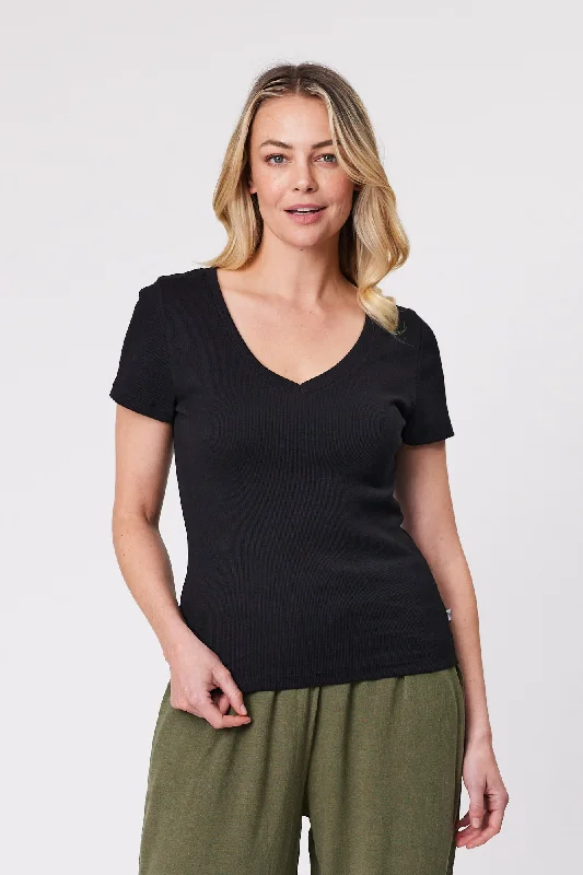 Shine On Essentials Rib V Neck Tee Black