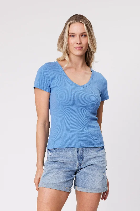 Shine On Essentials Rib V Neck Tee Blue