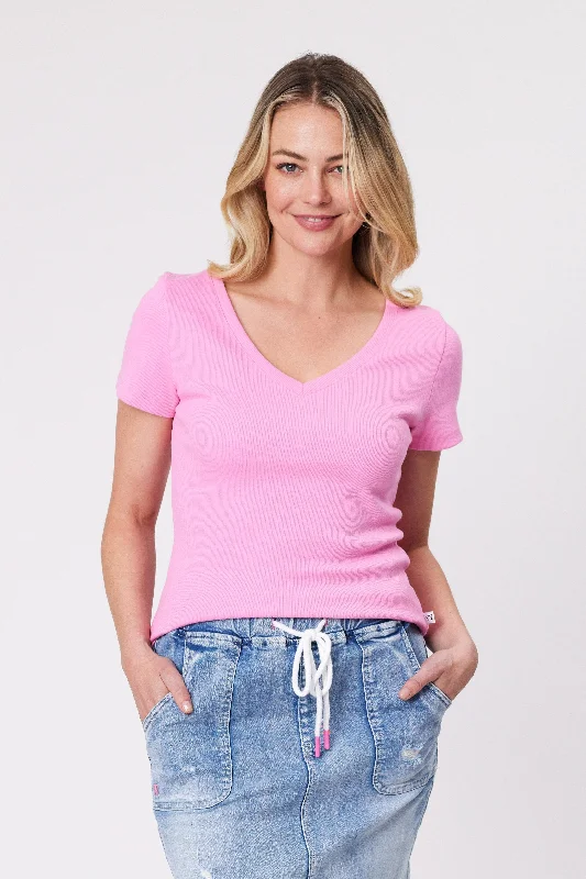 Shine On Essentials Rib V Neck Tee Pink