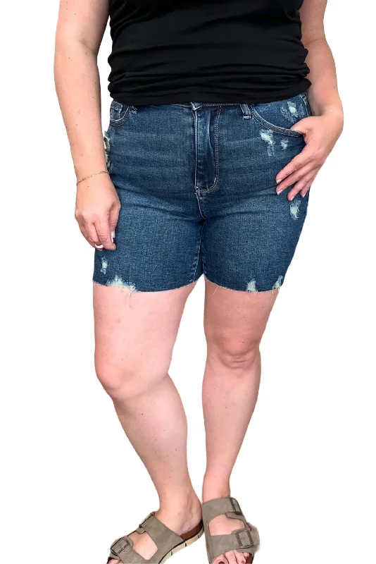 High Waist Mild Destroy Cut Off Shorts In Dark Wash