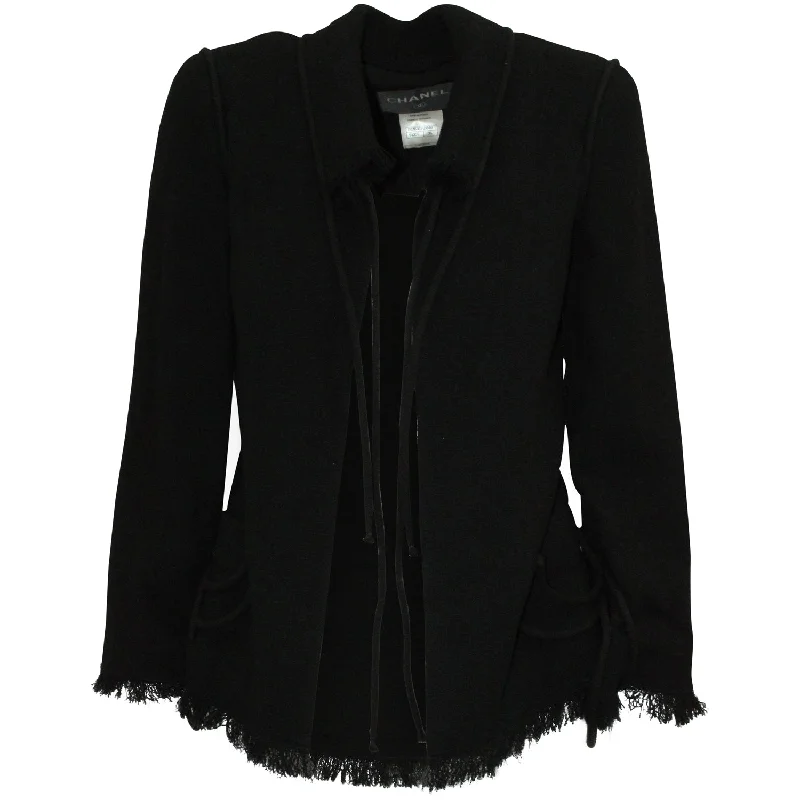 Chanel Short Tie Neckline Fringe Cardigan Jacket in Black Wool