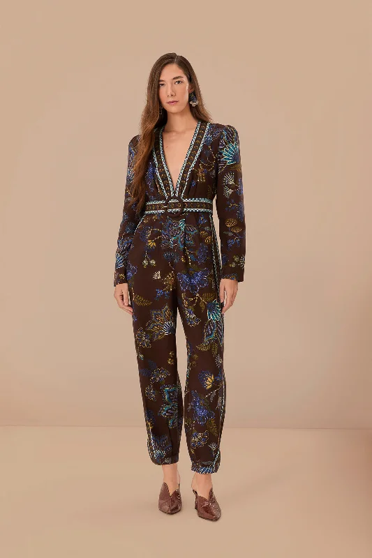 Brown Embroidered Garden V Neck Jumpsuit