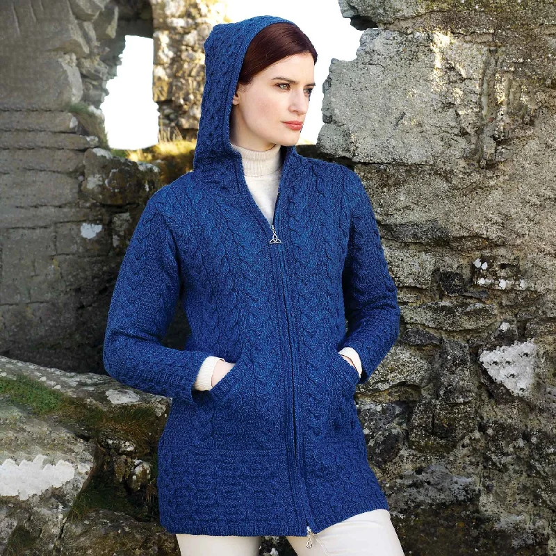 Galway Zip Up Hooded Coat Aran Knit Jacket, Marl Blue